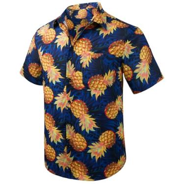 Imagem de Camisa masculina havaiana manga curta Aloha floral tropical casual camisa de botão camisas verão praia para férias, Preto/abacaxi e folhas, 3G