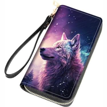 Imagem de FQTBCEARI Carteira feminina com estampa de Filipenses 4 a 13 com citações cruzadas de couro PU com zíper bolsa clutch para smartphone/cartão/moeda/dinheiro, Lobo
