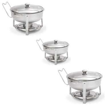 Imagem de Kit 3 Rechaud Redondo 3l Banho Maria Aço Inox Suporte Tampa