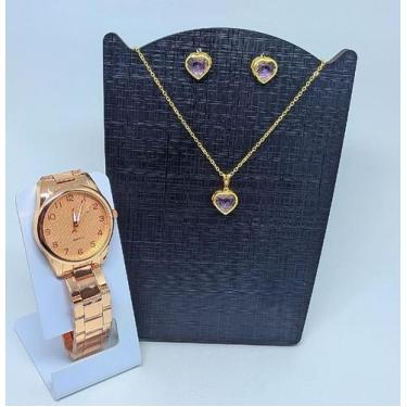 Imagem de Kit Relógio Feminino Redondo Liso Aço Inox Analógico Quartzo Dourado P