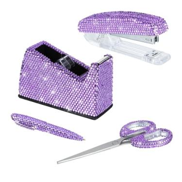 Imagem de Conjunto de 4 peças de artigos de papelaria para escritório, kit de acessórios de mesa, necessário para escritório em casa - grampeador e dispensador de fita de mesa, caneta esferográfica e tesoura (roxo)