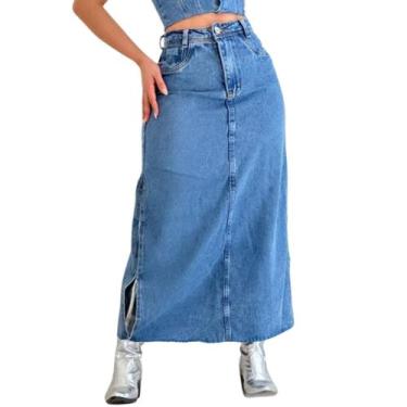 Imagem de Saia Longa Jeans com Fenda Lateral Lavagem Média Feminina - Love Fashi