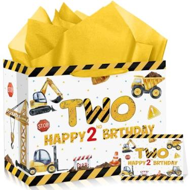 Imagem de Bolsa de presente de construção de 2 anos para meninos, caminhão basculante, duas sacolas de lembrancinhas de festa de aniversário com papel de seda e cartão, papel de embrulho de dois anos de idade,