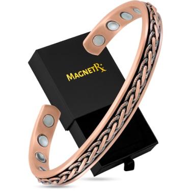 Imagem de MagnetRX® Pulseiras magnéticas de cobre – Pulseira de cobre puro eficaz para homens e mulheres – Pulseira de terapia magnética ajustável com punho de cobre (incrustação tecida)