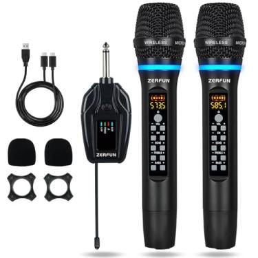 Imagem de ZERFUN Microfones duplos sem fio recarregáveis, sistema de microfone sem fio de metal UHF profissional com controle de canal Echo Treble BASS VOL para eventos de karaokê cantando igreja