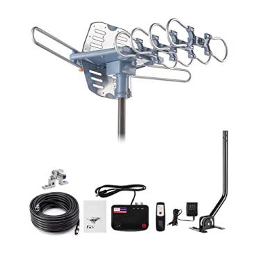Imagem de Yeceny WA-2608 Antena de TV HD amplificada digital ao ar livre com poste de montagem e cabo coaxial RG6 de 60 pés, bloco de aterramento coaxial, controle remoto sem fio de 300 km de longo alcance,