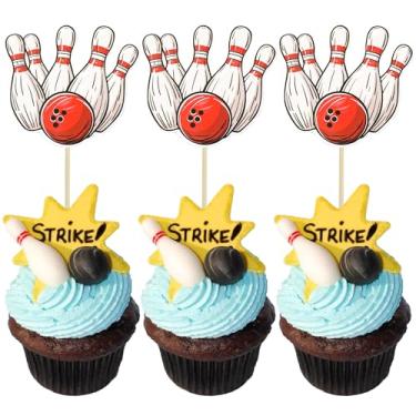 Imagem de 36 peças de topos de cupcake de boliche, tema esportivo, boliche, cupcake, palitos de comida para chá de bebê, decorações de bolo para chá de bebê, tema de bolas esportivas, boliche, crianças,