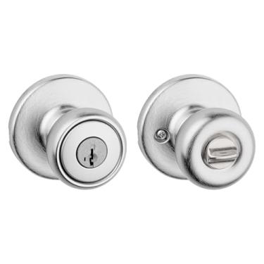 Imagem de Kwikset Maçaneta de porta de entrada Tylo com fechadura e chave, maçaneta externa com chave segura, entrada frontal e quarto, cromado acetinado, resistente a picaretas SmartKey Rekey Segurança