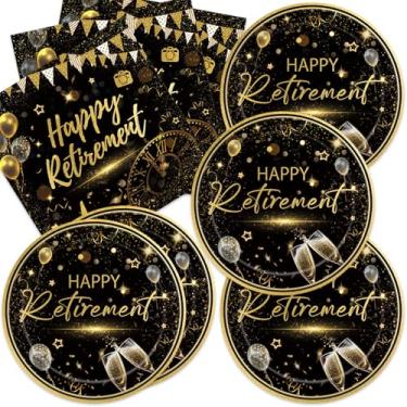Imagem de Conjunto de 40 peças de decorações de artigos de festa de aposentadoria feliz, ouro preto, pratos e guardanapos para homens e mulheres, adequado para 20 convidados