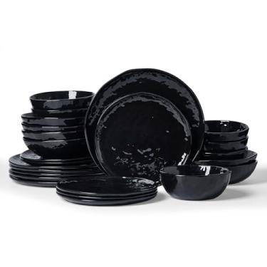 Imagem de Famiware Conjunto de pratos e tigelas de cozinha de porcelana, conjunto de pratos modernos para 6, conjuntos de louça ondulados feitos à mão, utensílios de mesa para micro-ondas e lava-louças, preto