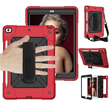 Imagem de Capa para iPad 9/8/7 (modelo de 10,2 polegadas 2021/2020/2019 9ª/8ª/7ª geração), capa de proteção à prova de choque de corpo inteiro com suporte giratório de 360 graus, alça de pulso, vermelho/preto