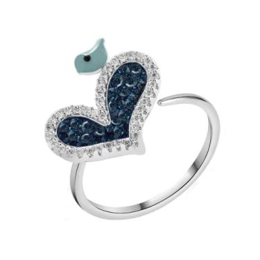 Imagem de Anel ajustável de coração de cristal pequeno pássaro para mulheres - Zircônia cúbica pavimentada amor coração esmalte animal anel de dedo aberto anel de noivado delicado casamento amizade joia fofa