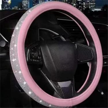 Imagem de Capa de volante feminina rosa com diamantes brilhantes, capas de volante fofas de couro com strass de cristal, respirável, antiderrapante, ajuste universal, acessórios para carros de 35 a 38 cm