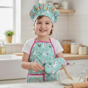 Imagem de Kit Avental Infantil de Cozinha Estampado com Touca e Luva - Mava Enxo