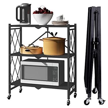 Imagem de Prateleira dobrável de metal para armazenamento, rack de armazenamento de 3 prateleiras com rodas, carrinho de armazenamento com rolamento, cada prateleira carrega 50 kg, preto, sem instalação (71,5 ×