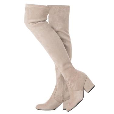 Imagem de N.N.G Botas femininas acima do joelho salto baixo inverno camurça coxa alta grosso OTK longo conforto, Salto Taupe 7.6 cm bico amêndoa, 37