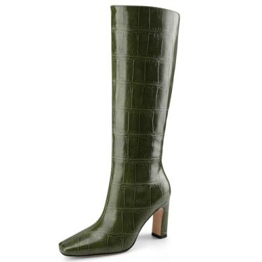 Imagem de Perisis Botas de cano alto femininas pretas longas botas altas de salto alto grosso bico quadrado padrão crocodilo botas de couro com zíper lateral para mulheres sexy, Verde (Drak Green), 40