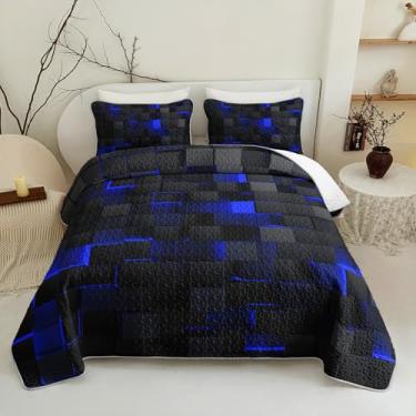 Imagem de Conjunto de colcha de 3 peças, azul e preto, geométrico, tamanho king, de microfibra de colmeia neon, colcha de cama com edredom leve e brilhante vibrante (96" x 106") com 2 fronhas (50,8 cm x 91,4 cm