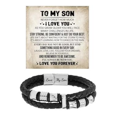 Imagem de sunglnl Pulseira To My Son da Mom Dad, pulseira de aço inoxidável com contas de nó infinito de couro trançado Forever Love presentes para filho aniversário com caixa de cartão de mensagem joias, Large