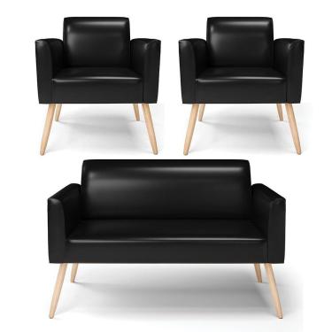 Imagem de Sofá Namoradeira Com 2 Poltronas Pés Palito Natural Marisa Corano D03 - D\&#039rossi Cor Preto