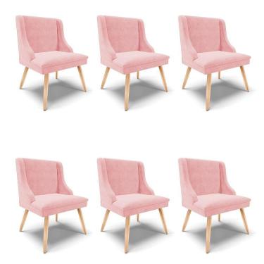 Imagem de Kit 06 Cadeiras De Jantar Liz Suede Rosa Bebê Pés Palito Natural