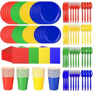 Imagem de Dandat Pacote completo de 280 peças de utensílios de mesa de Halloween, 23 cm, 18 cm, pratos de papel de sobremesa, copos de 255 g, guardanapos, garfos, facas de plástico, colheres para suprimentos de