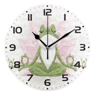 Imagem de JUZIHAI Relógio de parede engraçado sapo fazendo ioga silencioso, sem tique-taque, relógios de parede redondos, operados por bateria, fácil de ler, relógio decorativo de parede para casa, cozinha