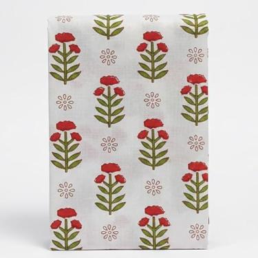 Imagem de Tecido de algodão autêntico indiano impresso à mão - 100% algodão orgânico puro para costura e decoração de casa - 111,8 cm de largura - 10 jardas-vermelho-verde-(BPF-216-10)