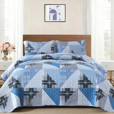 Imagem de Conjunto de colcha azul King da Annibedding com 3 peças, colcha geométrica de patchwork xadrez para todas as estações, colcha leve e macia com colcha ondulada (king, 285 x 224 cm)