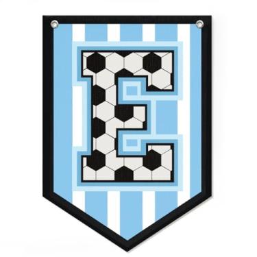 Imagem de Decoração de bandeira de futebol com letra E, decoração de quarto de meninos com nome bandeira personalizada para meninos, decoração de arte de parede de berçário de esportes vintage, placa de nome