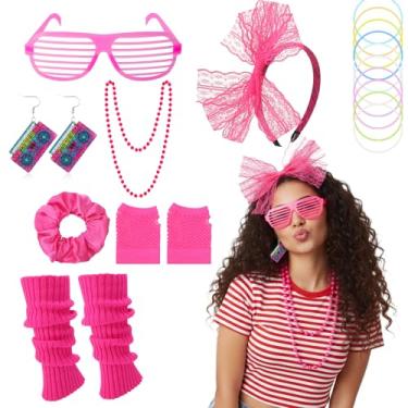 Imagem de ZhouBoat Conjunto de 17 peças de acessórios de fantasia para mulheres dos anos 80 e 90 com luvas arrastão polainas de renda, faixa de cabeça, conjunto de joias para festa temática de Halloween