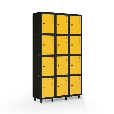 Imagem de Armário Locker Guarda-volume de Aço 12 Portas com Fecho para Cadeado Vestiário Academia Amarelo / Preto