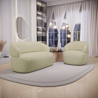 Imagem de Kit Poltrona Giratória e Sofá Orgânico Living Glee 03 Lugares 170cm Linho Bege - Abmaza