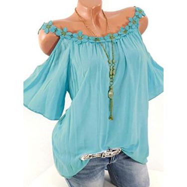 Imagem de yeacher -fronteira roupas femininas europeias e americanas 2021 desejo de verão ebay rendas populares em volta do pescoço sem alças camiseta de cor sólida feminina azul lago 2XL