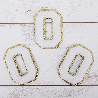 Imagem de Pacote com 3 adesivos de Chenille Iron On Glitter Varsity Letter "O" - Tecido de chenille branco com acabamento dourado - Costurar ou passar - 5,5 cm de altura