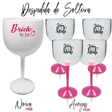 Imagem de 5 Taças Gin Acrilico 550ml Branca e Transparente Haste Rosa Despedida de Solteira