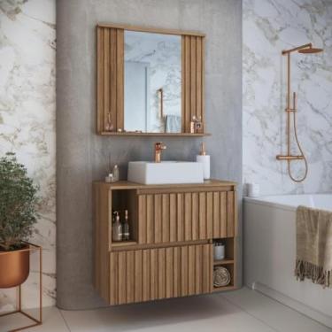 Imagem de Conjunto para Banheiro Gabinete Suspenso 75cm com Cuba e Espelheira Ripada Luiza Mel/branco