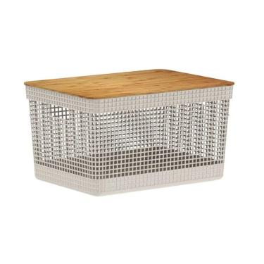 Imagem de Cesto Organizador Grid Bege 20 L com Tampa de Bambu 39 x 29 x 22,6 cm