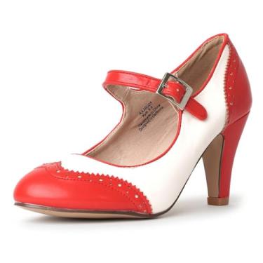 Imagem de J. Adams Sapato Oxford Mary Jane – Salto baixo fofo – Bico redondo retrô com tira no tornozelo – Kym, PU creme vermelho, 40