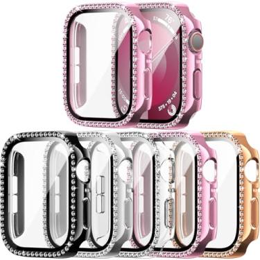 Imagem de Haojavo Pacote com 5 capas brilhantes para Apple Watch séries 9 8 7 45 mm com protetor de tela de vidro temperado, cristal diamante strass brilhante capa protetora completa para Iwatch S9 S8 S7 45 mm