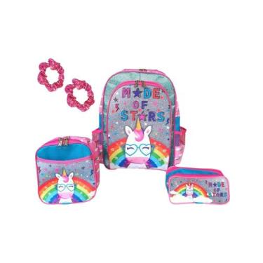 Imagem de Kit mochila de costas frozen infantil escolar meninas rosa brilho lanc
