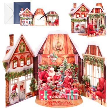 Imagem de Cartão de felicitações de Natal pop-up 3D - Cena festiva de férias com Papai Noel, presentes e boneco de neve - Cartões pop-up exclusivos para o Natal - Papel de alta qualidade e envelope incluídos