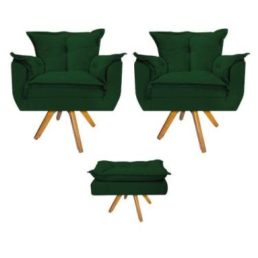 Imagem de Kit 02 Poltronas e Puff Opala Base Giratória de Madeira Suede Verde - 