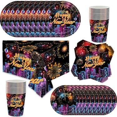 Imagem de Conjunto de talheres coloridos de festa de ano novo para 20 convidados, conjunto de louça de véspera de ano novo 2025, pratos, guardanapos, copos com toalha de mesa de feliz ano novo para artigos de