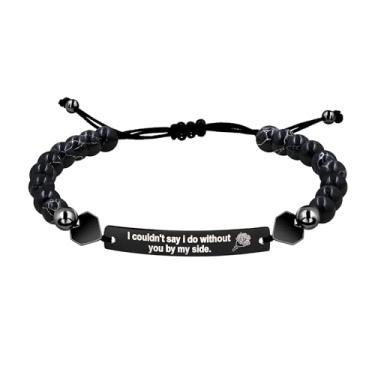 Imagem de Uloveido Pulseira de aço inoxidável ajustável tecida à mão com contas turquesa preta, gravada com "I Am Such A Lucky Bride To Have You By My Side", um presente para seu noivado e casamento SJY4294,