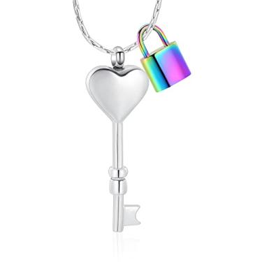 Imagem de constantlife Joias de cremação para cinzas, amor, coração, chave e cadeado de aço inoxidável, pingente de urna memorial, animais de estimação humanos, lembrança de funeral para mulheres e homens, Aço