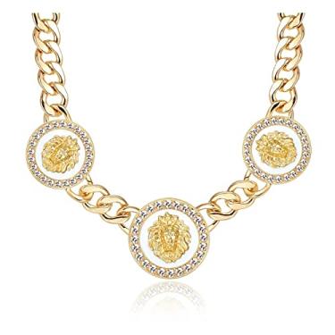 Imagem de Colar Hip Hop Basketball Wives com cabeça de leão feminino corrente grossa pingente punk fantasia bijuteria coquetel, Banhado a ouro, Sem Pedra Preciosa