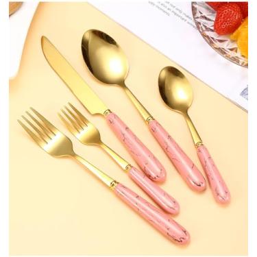 Imagem de Conjunto de 80 peças de garfos e colheres com alça de cerâmica, conjunto de talheres rosa para 16 talheres de aço inoxidável, conjunto de utensílios coloridos, colheres, garfos, facas para casa,