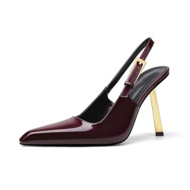 Imagem de CAGLGLZ Salto Slingback feminino bico fino salto alto stiletto sandálias de metal tira no tornozelo sandálias de couro vestido casamento trabalho banquete sapatos sapatos, Vinho tinto, 39