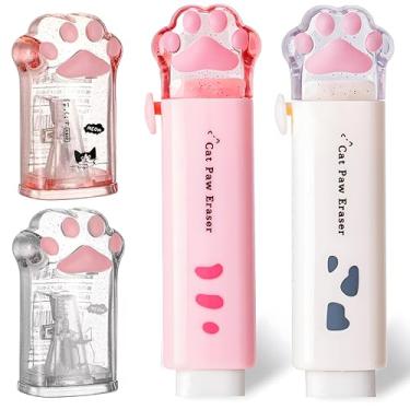 Imagem de Conjunto de 4 peças de papelaria fofo de pata de gato, material escolar fofo, incluindo 2 apontadores de lápis fofos e 2 borrachas retráteis, para kawaii, escritório, escola, casa, suprimentos para